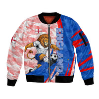 Personalized England Football Sleeve Zip Bomber Jacket Powerful Lion Kicking Ball Red Blue Chevron Zigzag