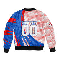 Personalized England Football Sleeve Zip Bomber Jacket Powerful Lion Kicking Ball Red Blue Chevron Zigzag