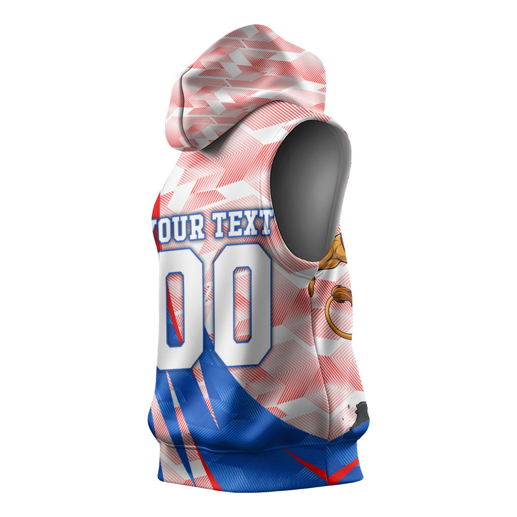 Personalized England Football Sleeveless Hoodie Powerful Lion Kicking Ball Red Blue Chevron Zigzag