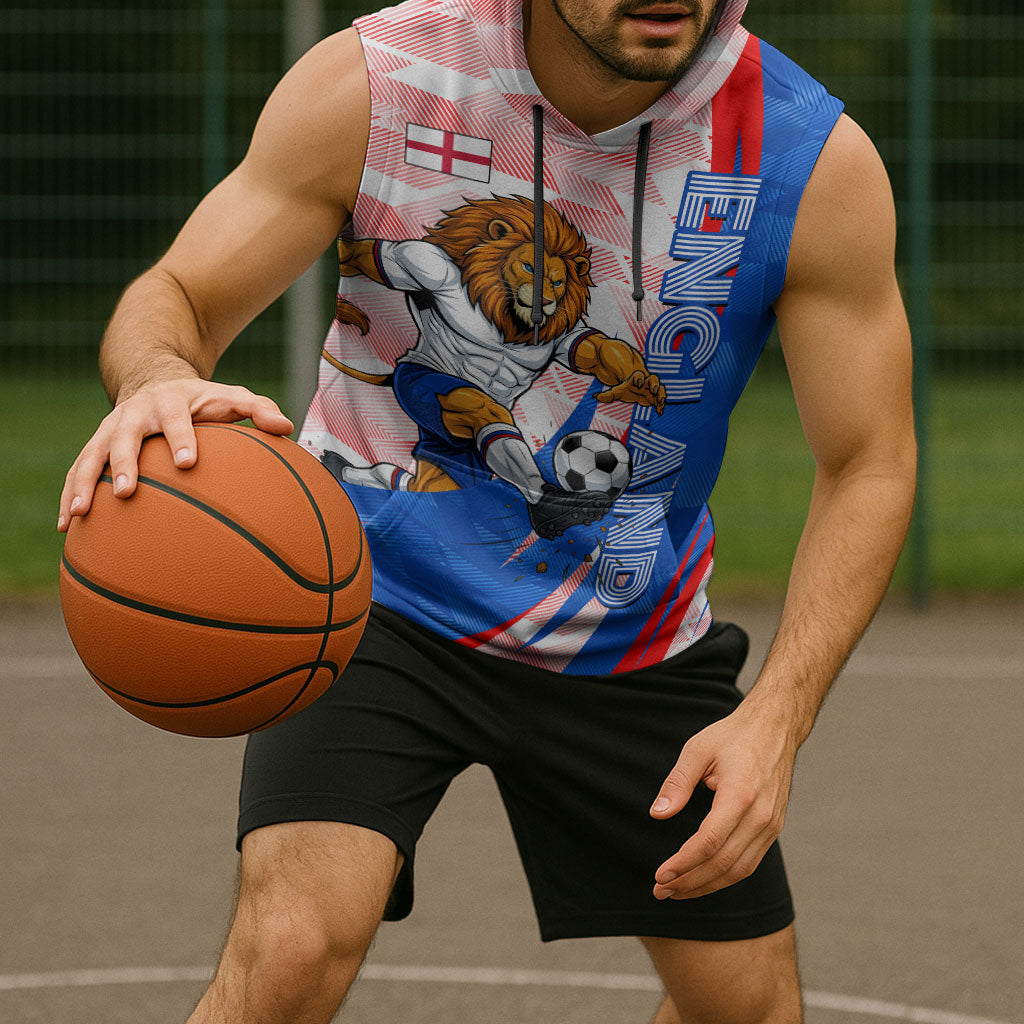 Personalized England Football Sleeveless Hoodie Powerful Lion Kicking Ball Red Blue Chevron Zigzag