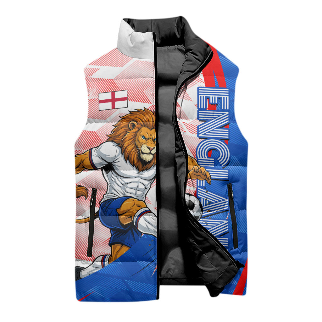 Personalized England Football Sleeveless Puffer Jacket Powerful Lion Kicking Ball Red Blue Chevron Zigzag