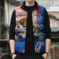 Personalized England Football Sleeveless Puffer Jacket Powerful Lion Kicking Ball Red Blue Chevron Zigzag