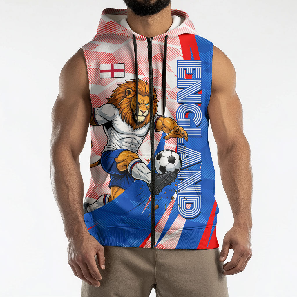 Personalized England Football Sleeveless Zip Hoodie Powerful Lion Kicking Ball Red Blue Chevron Zigzag