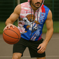 Personalized England Football Sleeveless Zip Hoodie Powerful Lion Kicking Ball Red Blue Chevron Zigzag