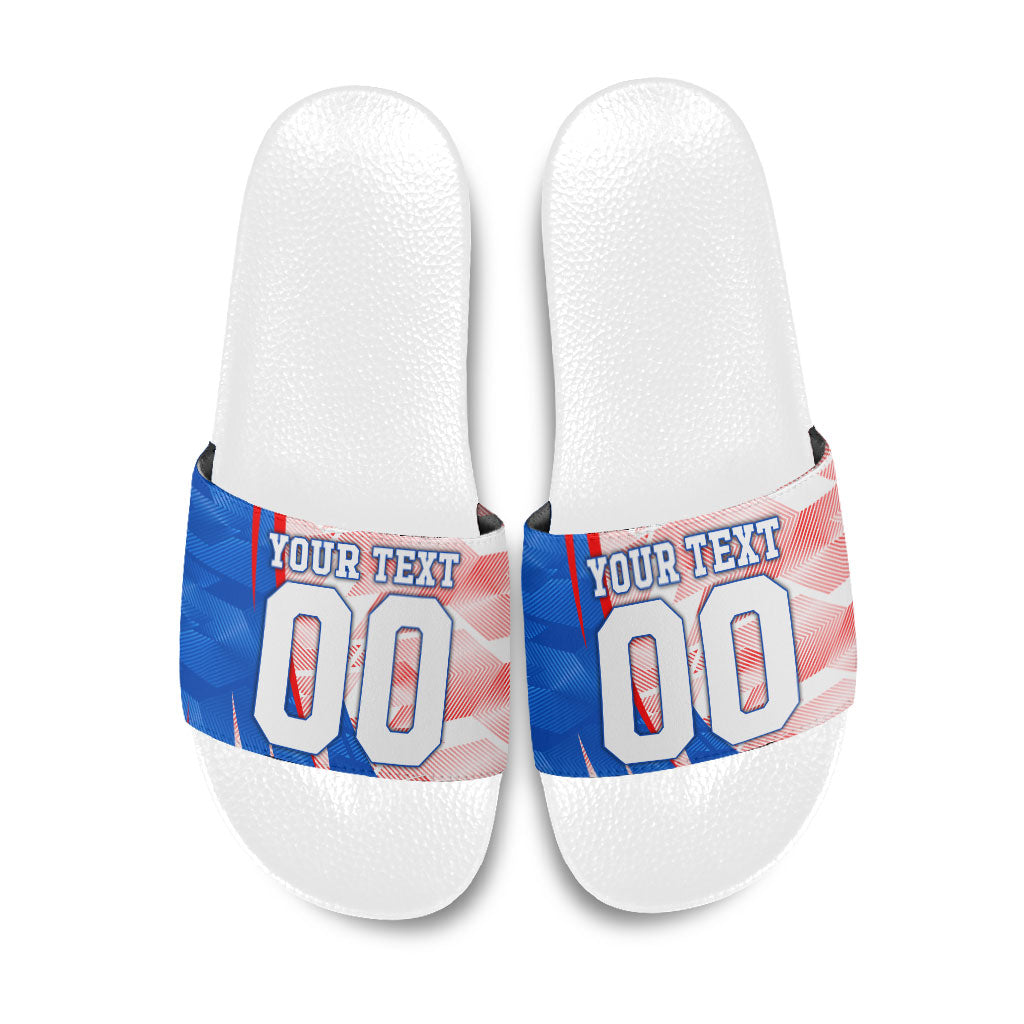 Personalized England Football Slide Sandals Powerful Lion Kicking Ball Red Blue Chevron Zigzag