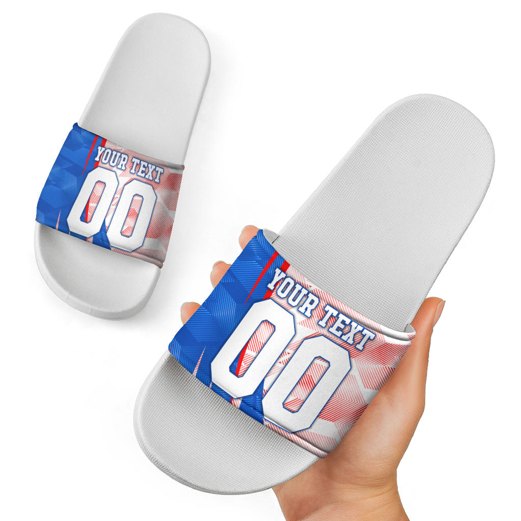 Personalized England Football Slide Sandals Powerful Lion Kicking Ball Red Blue Chevron Zigzag