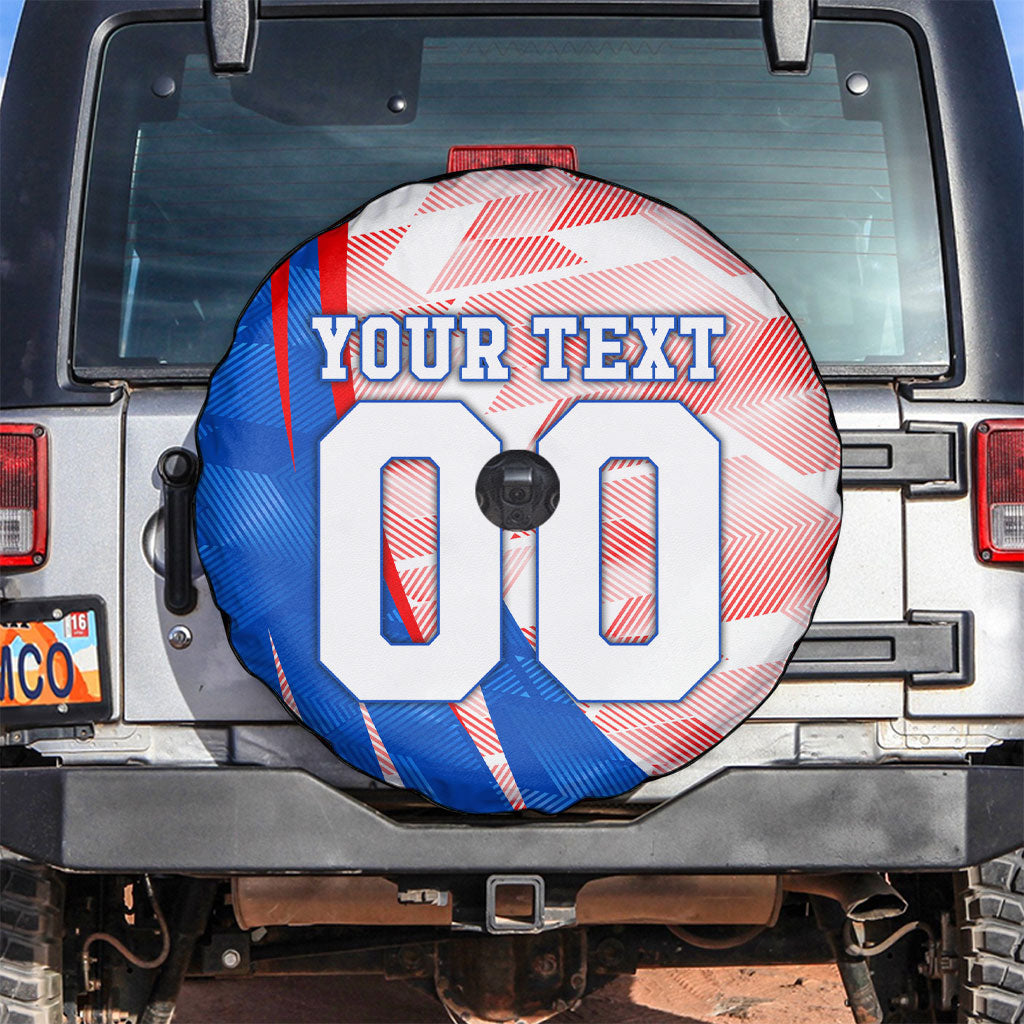 Personalized England Football Spare Tire Cover Powerful Lion Kicking Ball Red Blue Chevron Zigzag