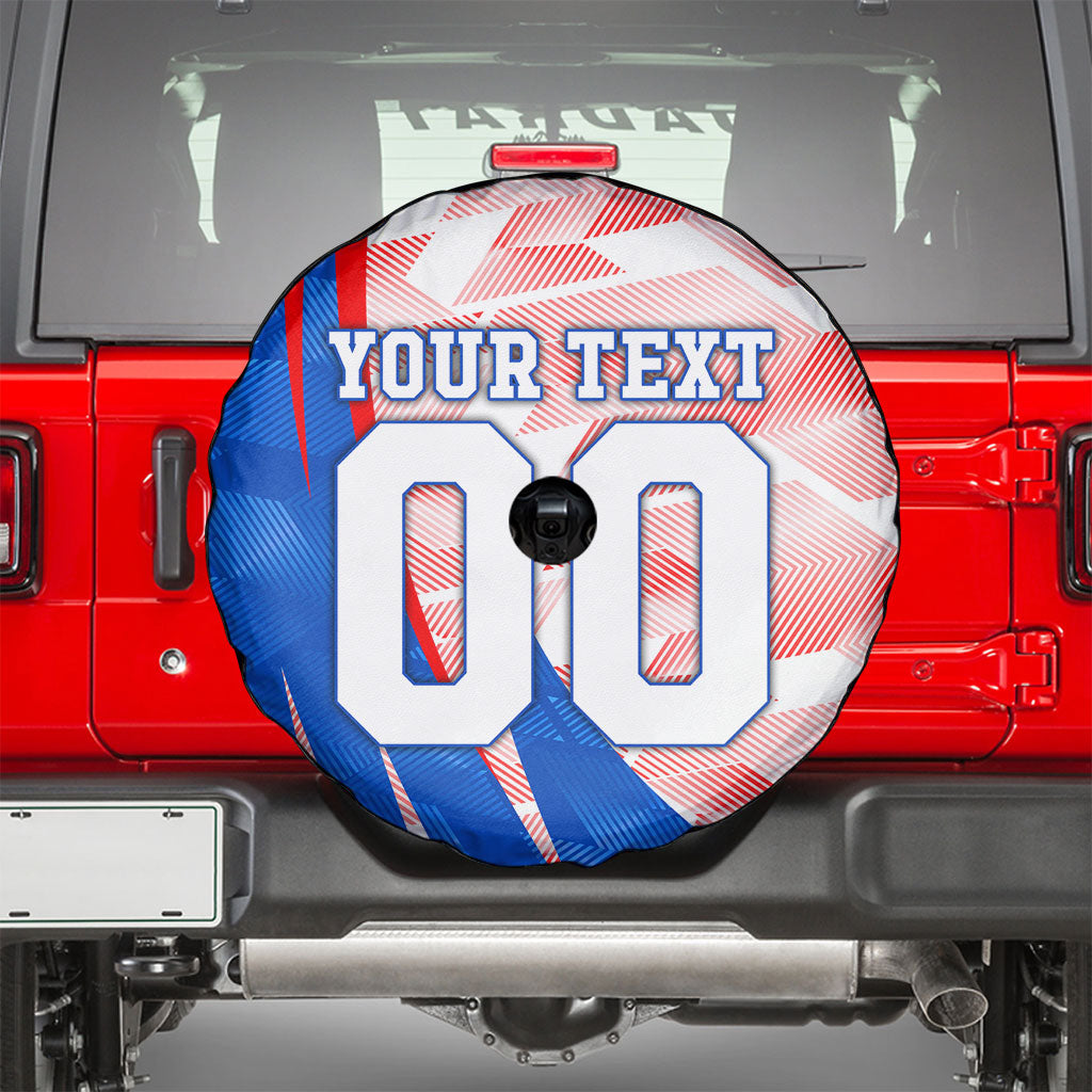 Personalized England Football Spare Tire Cover Powerful Lion Kicking Ball Red Blue Chevron Zigzag
