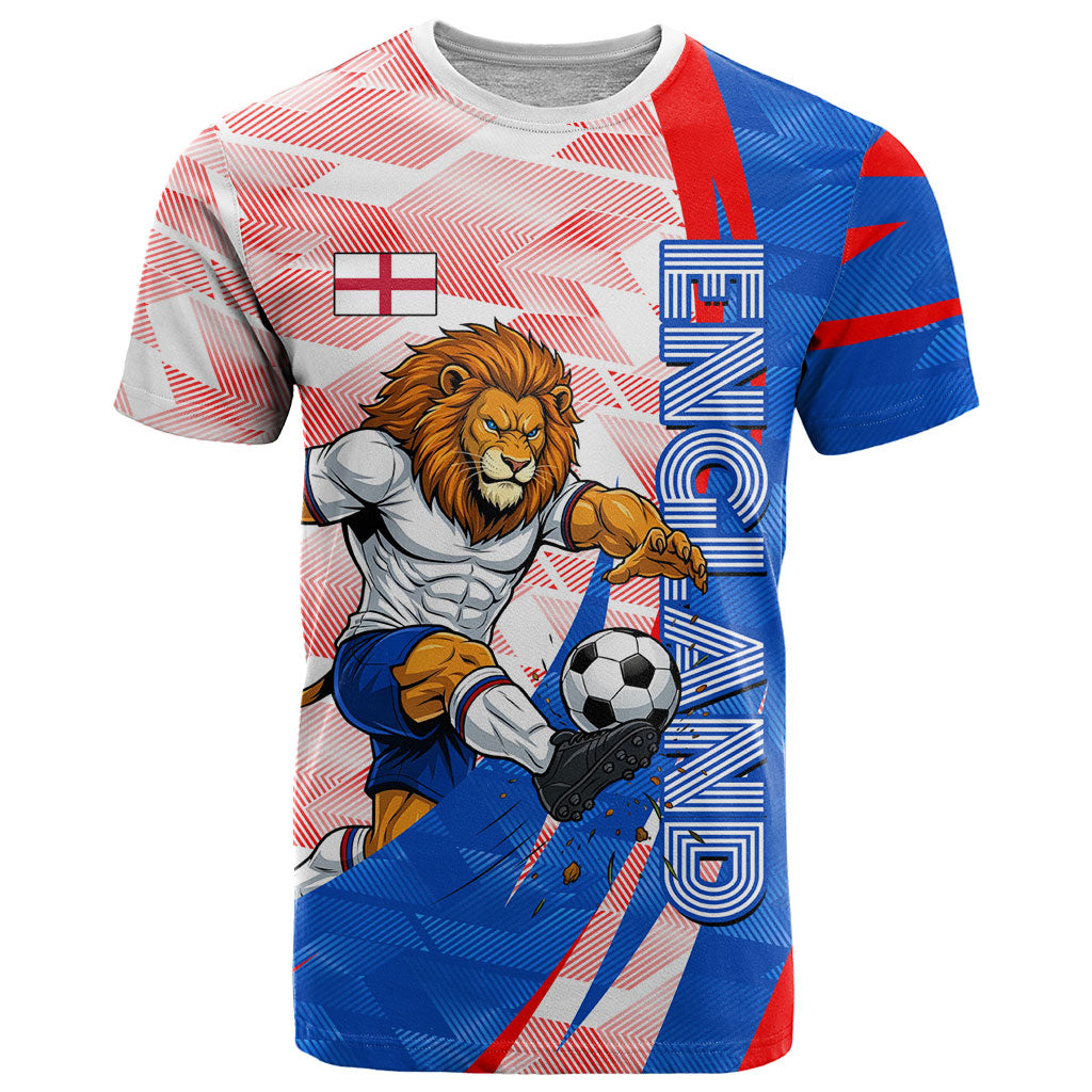 Personalized England Football T Shirt Powerful Lion Kicking Ball Red Blue Chevron Zigzag