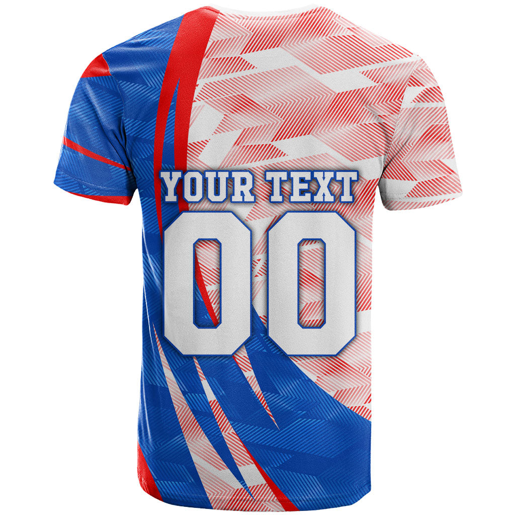 Personalized England Football T Shirt Powerful Lion Kicking Ball Red Blue Chevron Zigzag