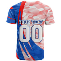 Personalized England Football T Shirt Powerful Lion Kicking Ball Red Blue Chevron Zigzag