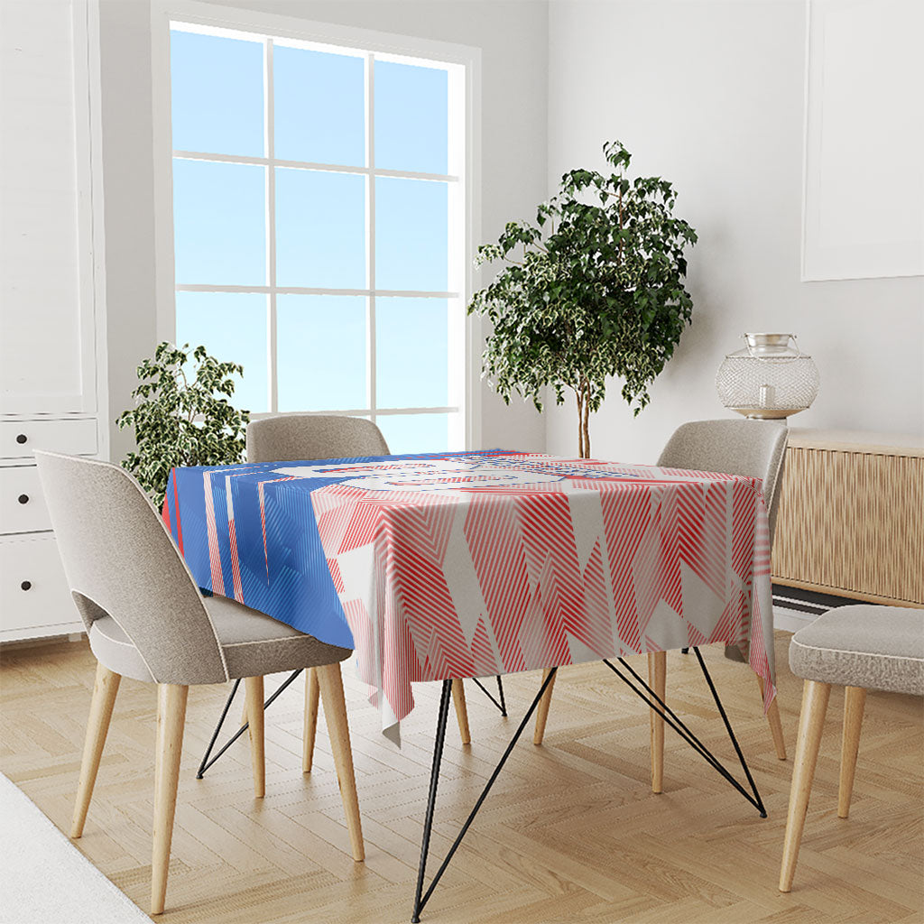 Personalized England Football Tablecloth Powerful Lion Kicking Ball Red Blue Chevron Zigzag