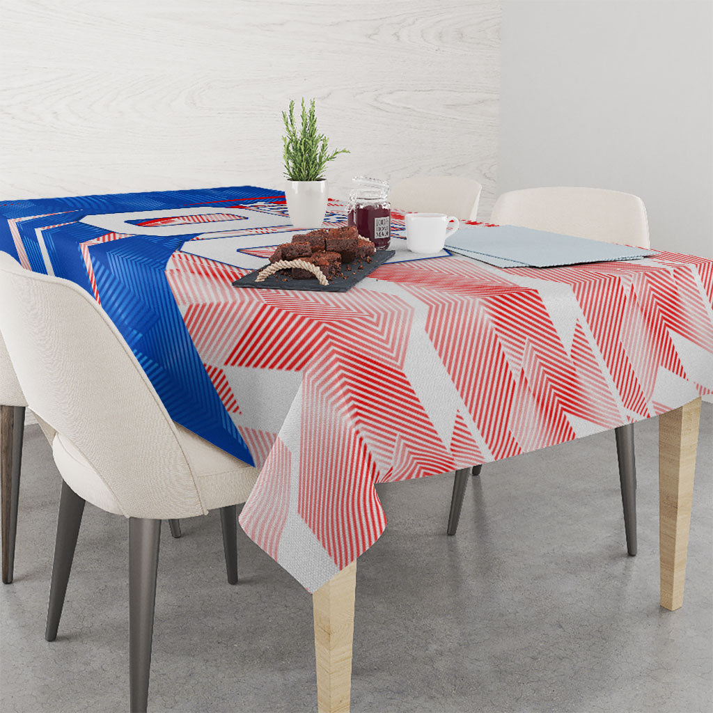 Personalized England Football Tablecloth Powerful Lion Kicking Ball Red Blue Chevron Zigzag