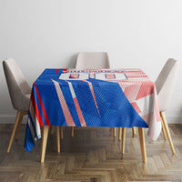 Personalized England Football Tablecloth Powerful Lion Kicking Ball Red Blue Chevron Zigzag