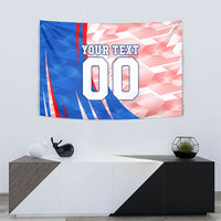Personalized England Football Tapestry Powerful Lion Kicking Ball Red Blue Chevron Zigzag