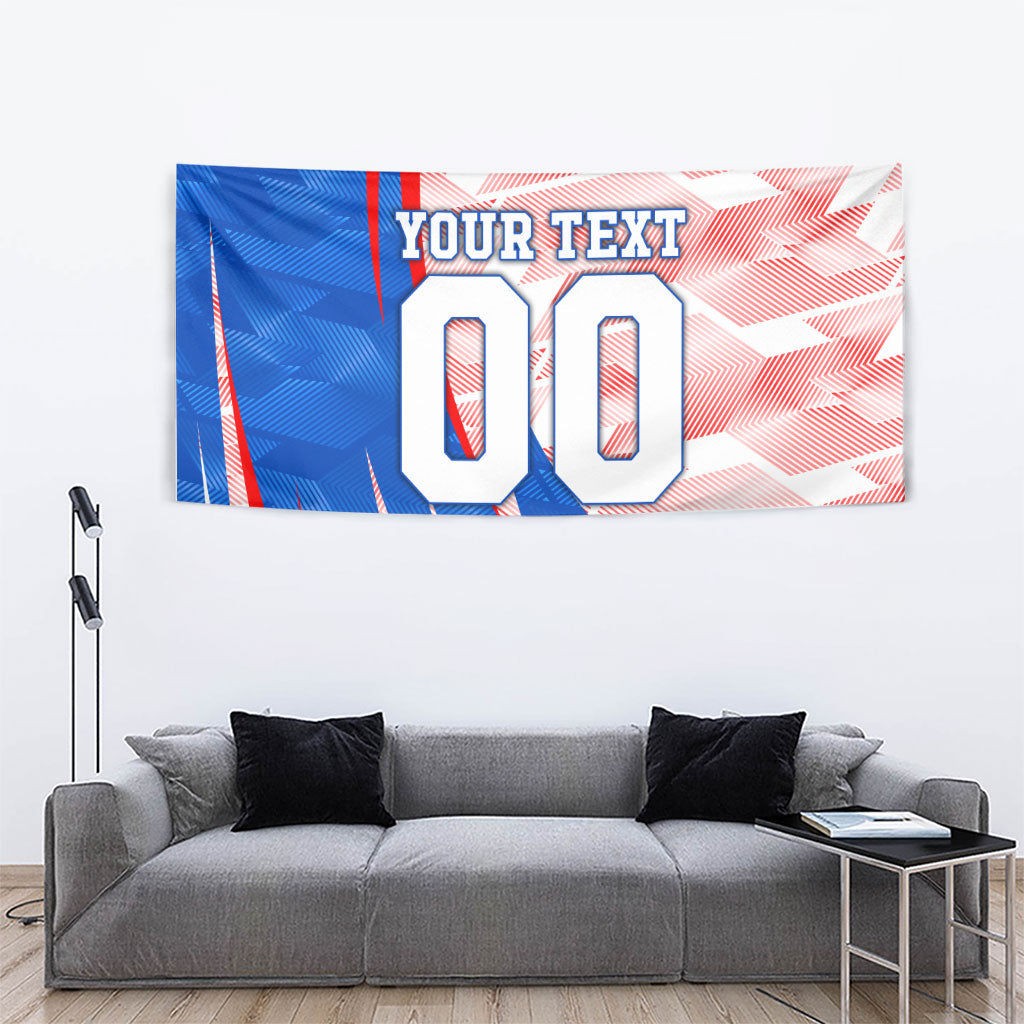 Personalized England Football Tapestry Powerful Lion Kicking Ball Red Blue Chevron Zigzag