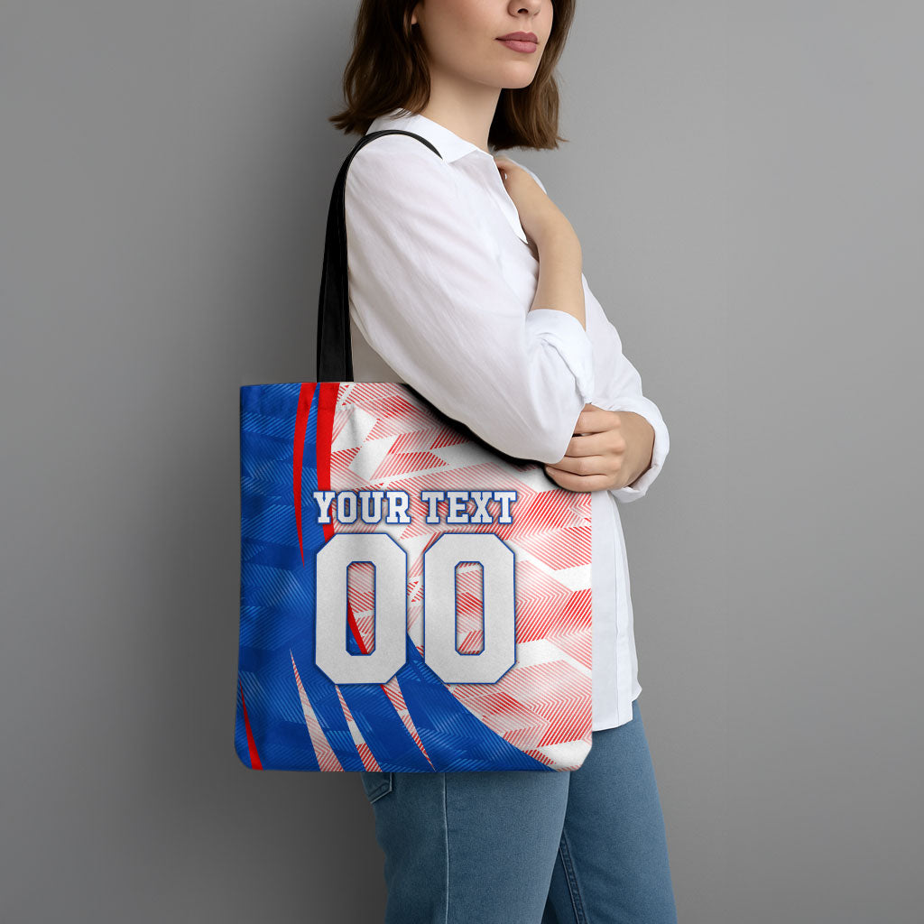 Personalized England Football Tote Bag Powerful Lion Kicking Ball Red Blue Chevron Zigzag
