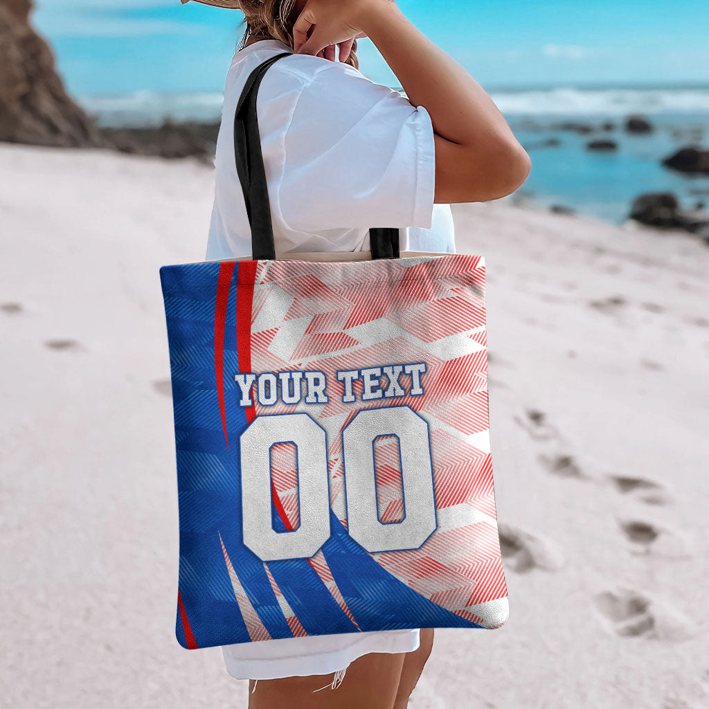 Personalized England Football Tote Bag Powerful Lion Kicking Ball Red Blue Chevron Zigzag