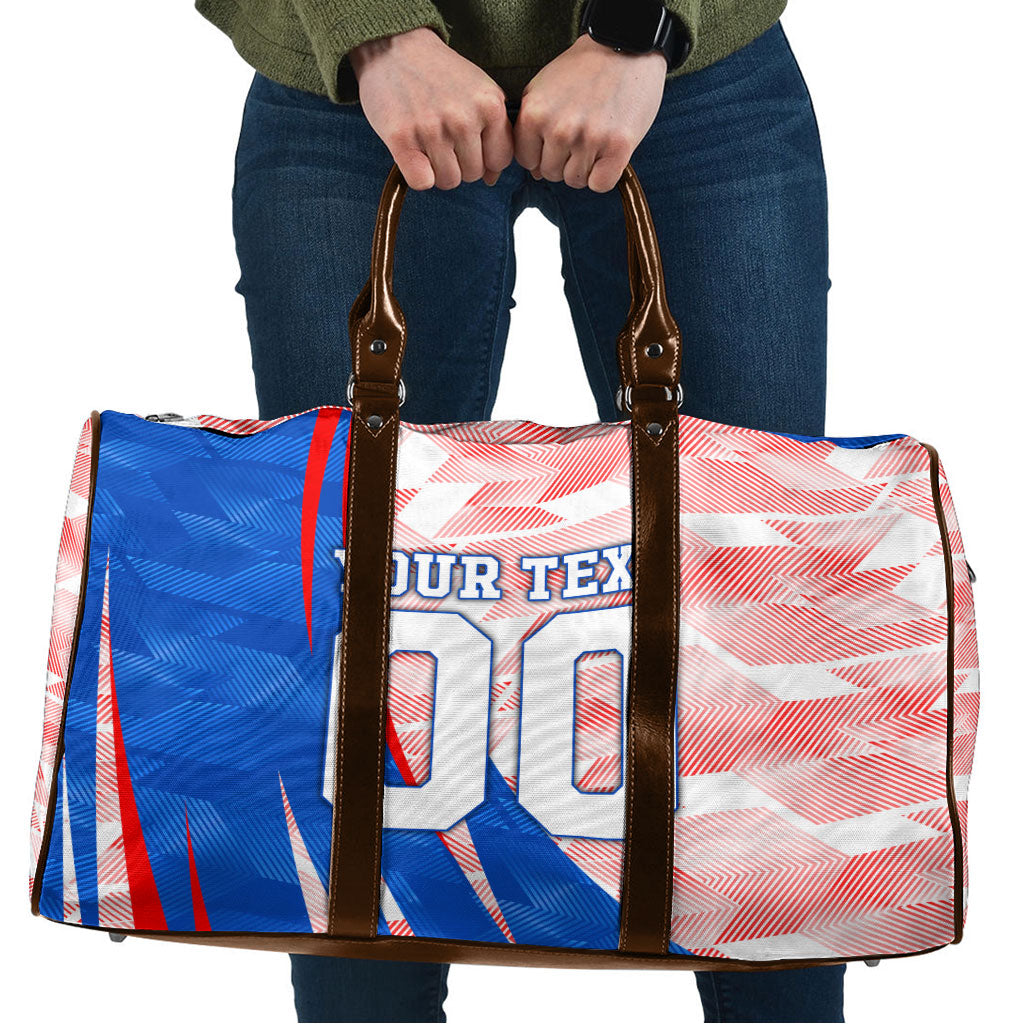 Personalized England Football Travel Bag Powerful Lion Kicking Ball Red Blue Chevron Zigzag