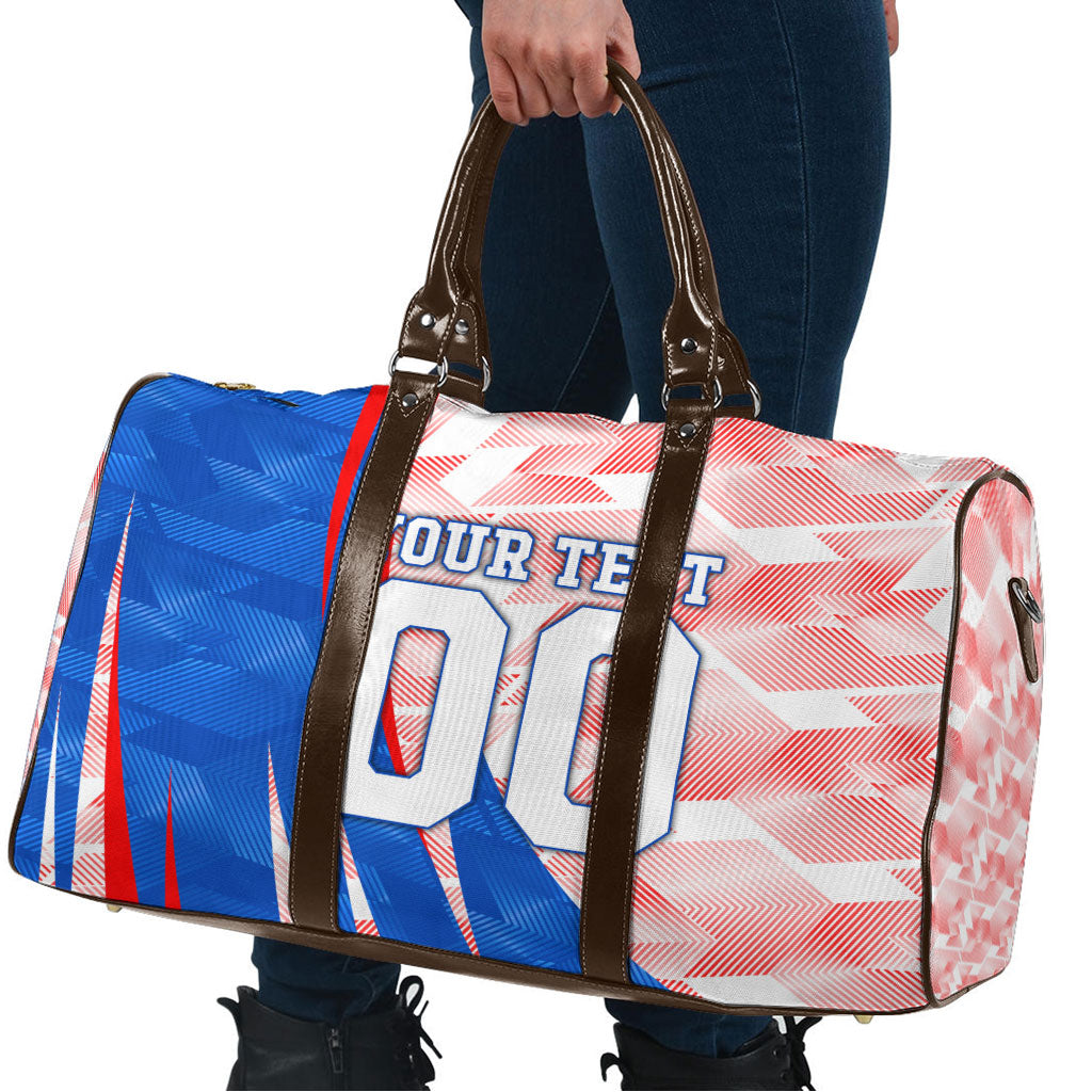 Personalized England Football Travel Bag Powerful Lion Kicking Ball Red Blue Chevron Zigzag
