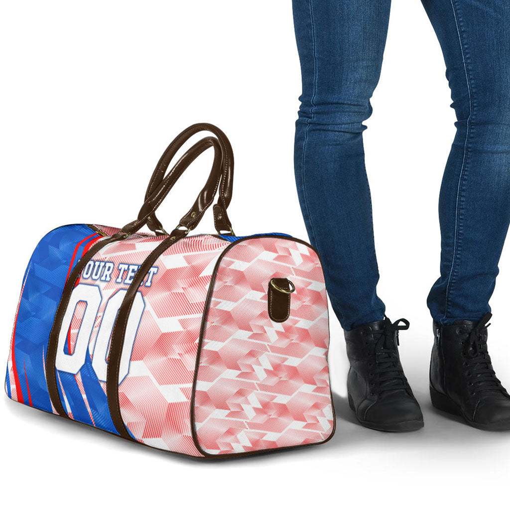 Personalized England Football Travel Bag Powerful Lion Kicking Ball Red Blue Chevron Zigzag