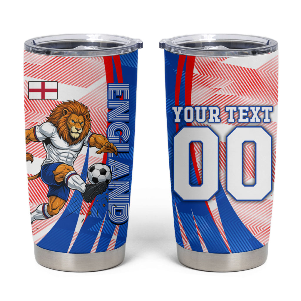 Personalized England Football Tumbler Cup Powerful Lion Kicking Ball Red Blue Chevron Zigzag