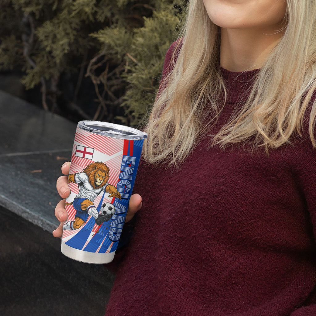 Personalized England Football Tumbler Cup Powerful Lion Kicking Ball Red Blue Chevron Zigzag