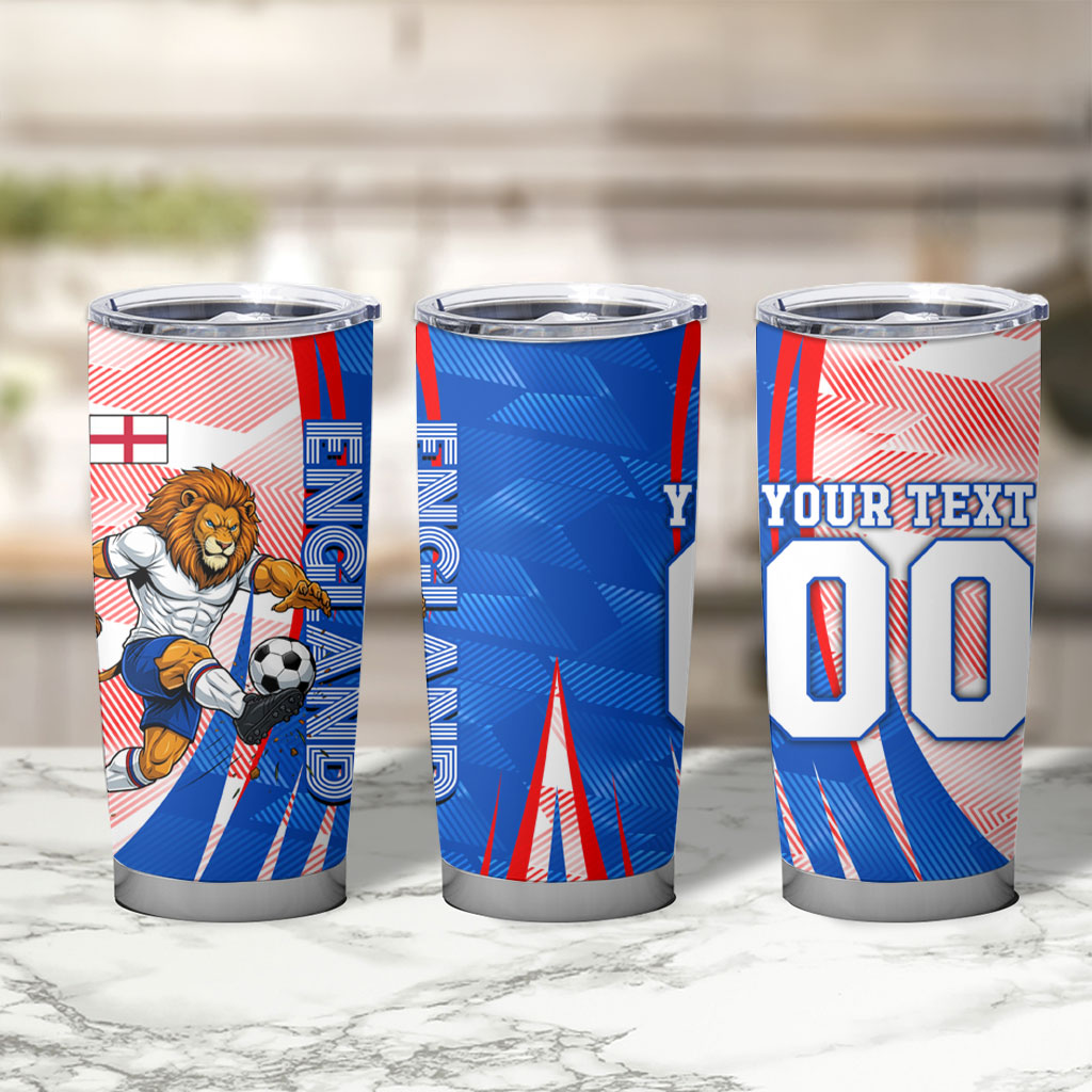 Personalized England Football Tumbler Cup Powerful Lion Kicking Ball Red Blue Chevron Zigzag