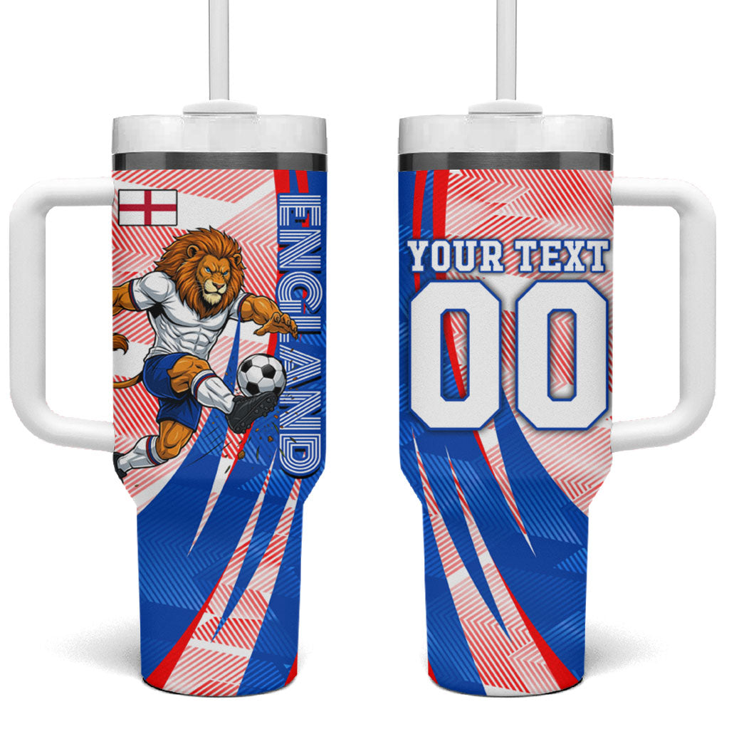 Personalized England Football Tumbler With Handle Powerful Lion Kicking Ball Red Blue Chevron Zigzag