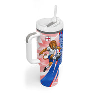 Personalized England Football Tumbler With Handle Powerful Lion Kicking Ball Red Blue Chevron Zigzag