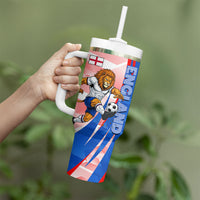 Personalized England Football Tumbler With Handle Powerful Lion Kicking Ball Red Blue Chevron Zigzag
