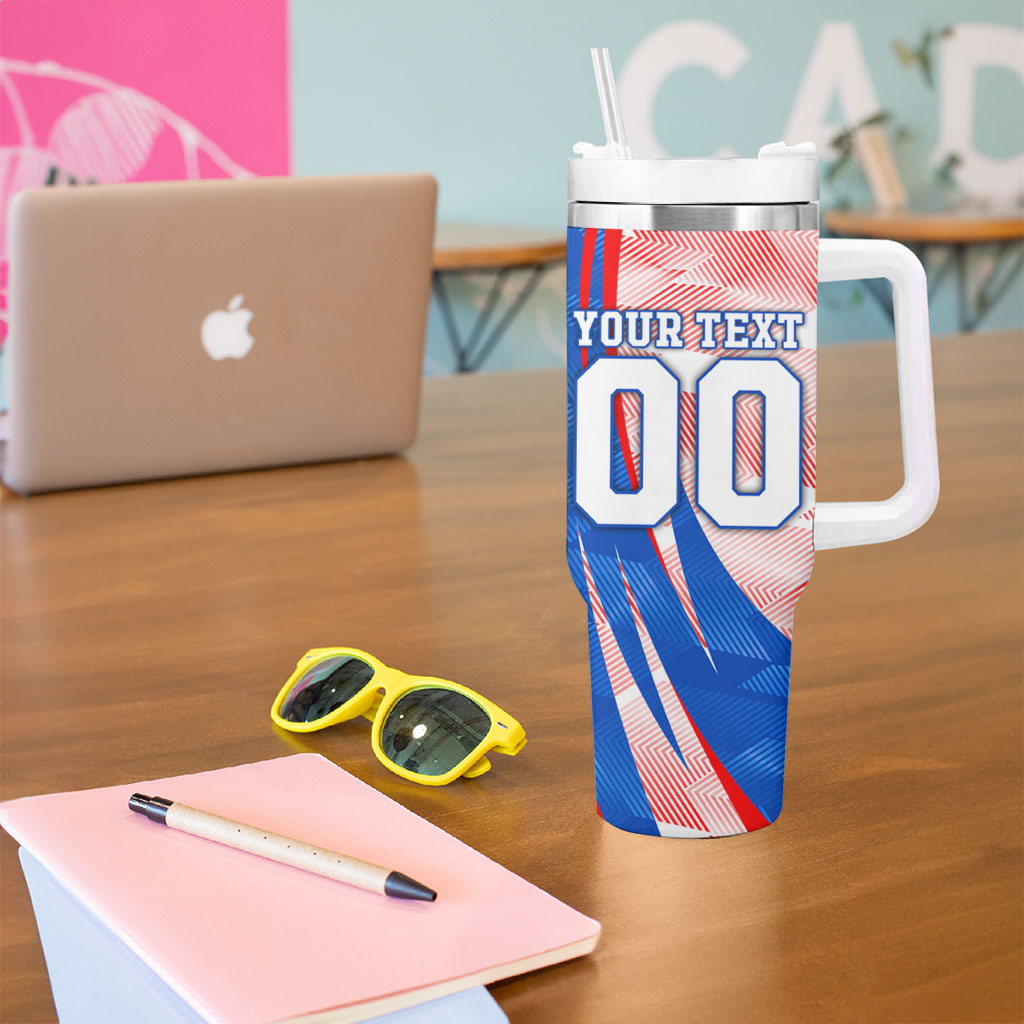 Personalized England Football Tumbler With Handle Powerful Lion Kicking Ball Red Blue Chevron Zigzag