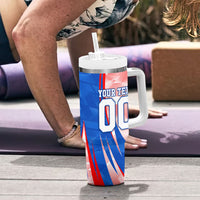 Personalized England Football Tumbler With Handle Powerful Lion Kicking Ball Red Blue Chevron Zigzag