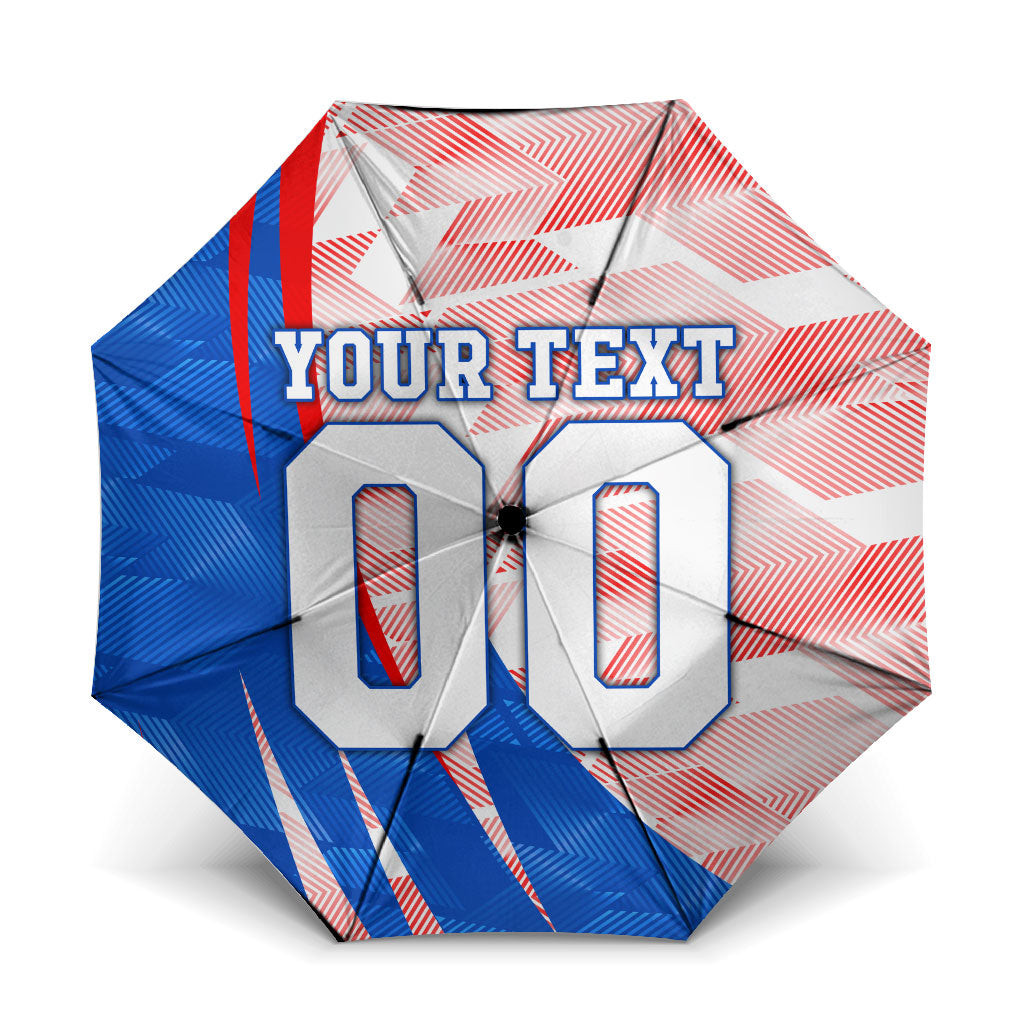 Personalized England Football Umbrella Powerful Lion Kicking Ball Red Blue Chevron Zigzag