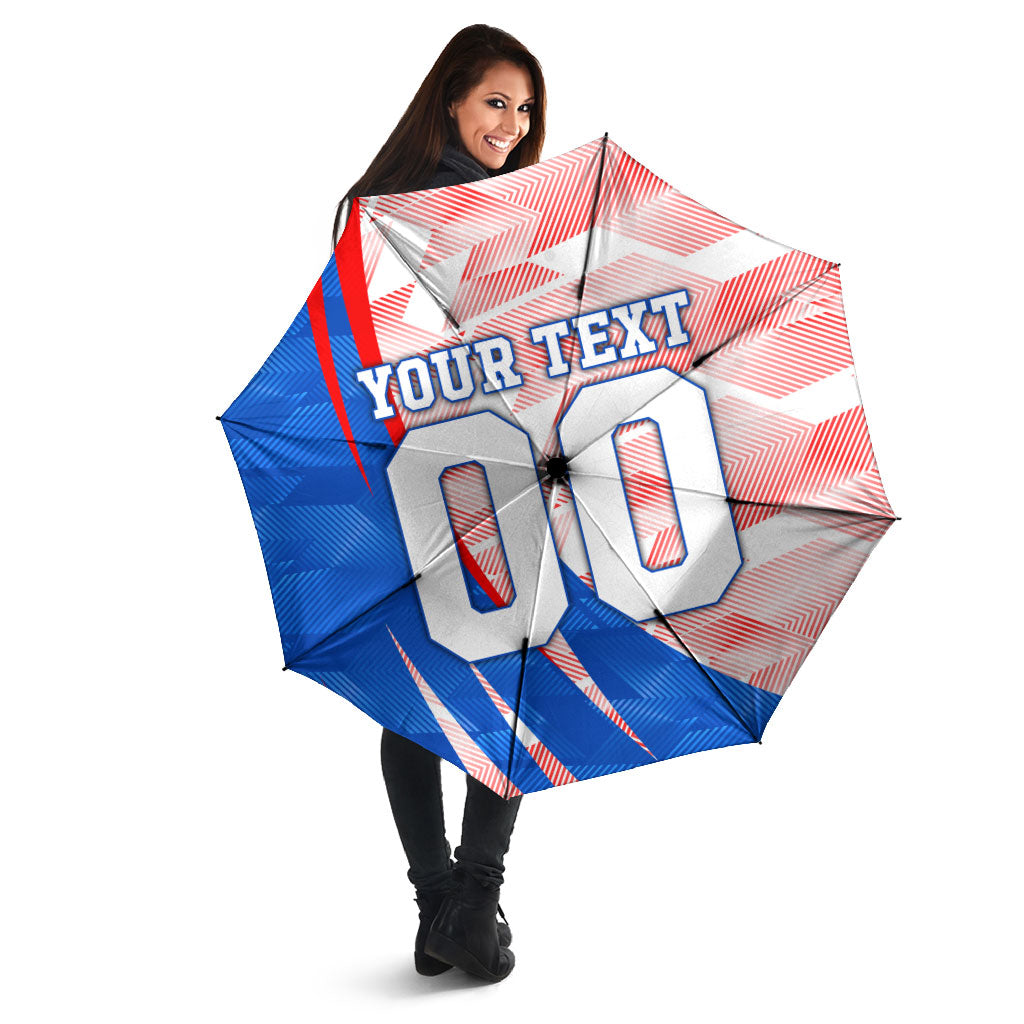 Personalized England Football Umbrella Powerful Lion Kicking Ball Red Blue Chevron Zigzag