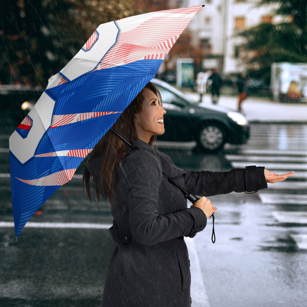 Personalized England Football Umbrella Powerful Lion Kicking Ball Red Blue Chevron Zigzag