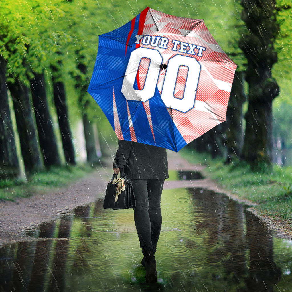 Personalized England Football Umbrella Powerful Lion Kicking Ball Red Blue Chevron Zigzag