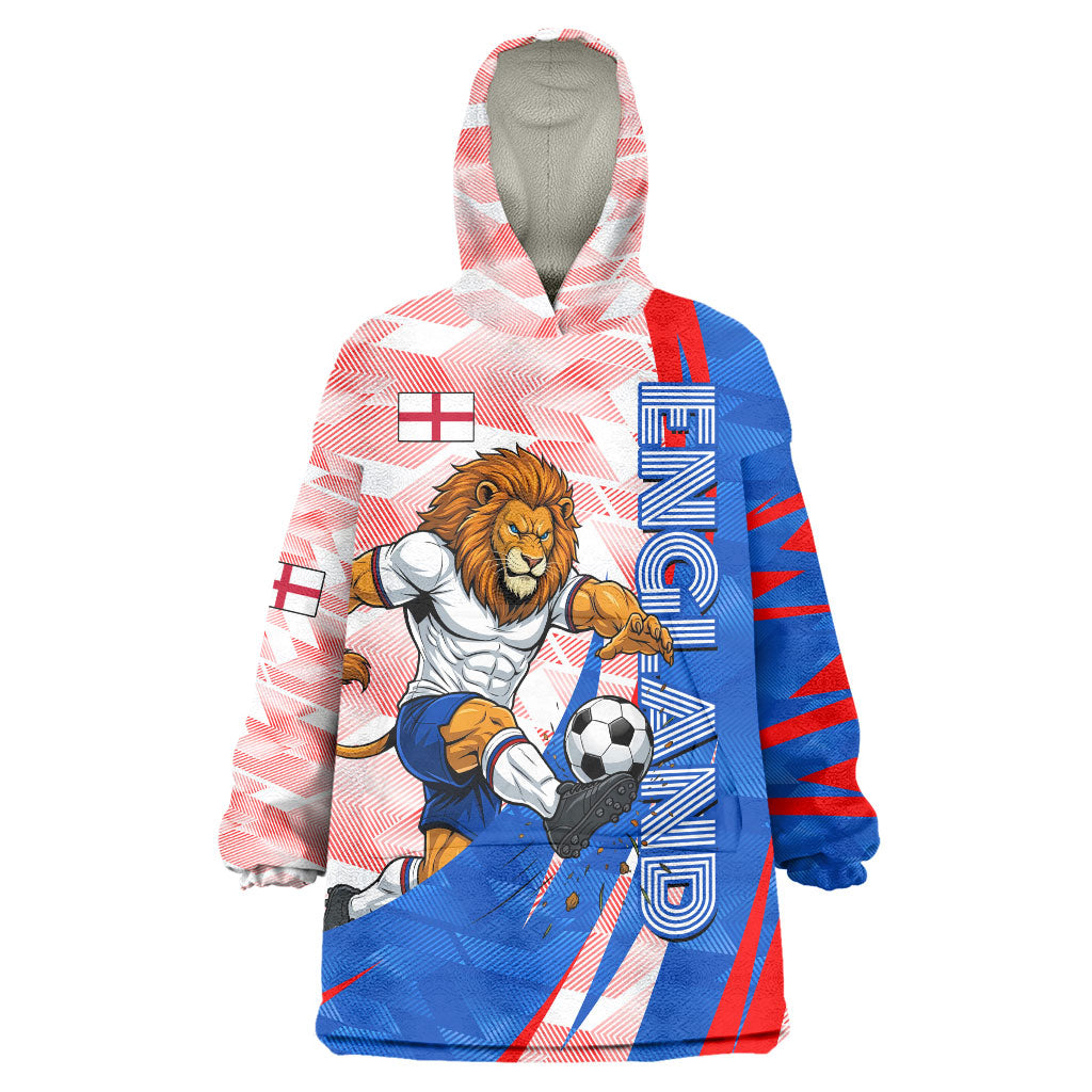 Personalized England Football Wearable Blanket Hoodie Powerful Lion Kicking Ball Red Blue Chevron Zigzag
