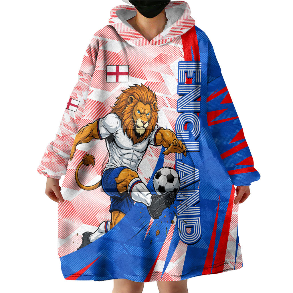 Personalized England Football Wearable Blanket Hoodie Powerful Lion Kicking Ball Red Blue Chevron Zigzag