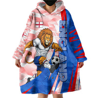 Personalized England Football Wearable Blanket Hoodie Powerful Lion Kicking Ball Red Blue Chevron Zigzag