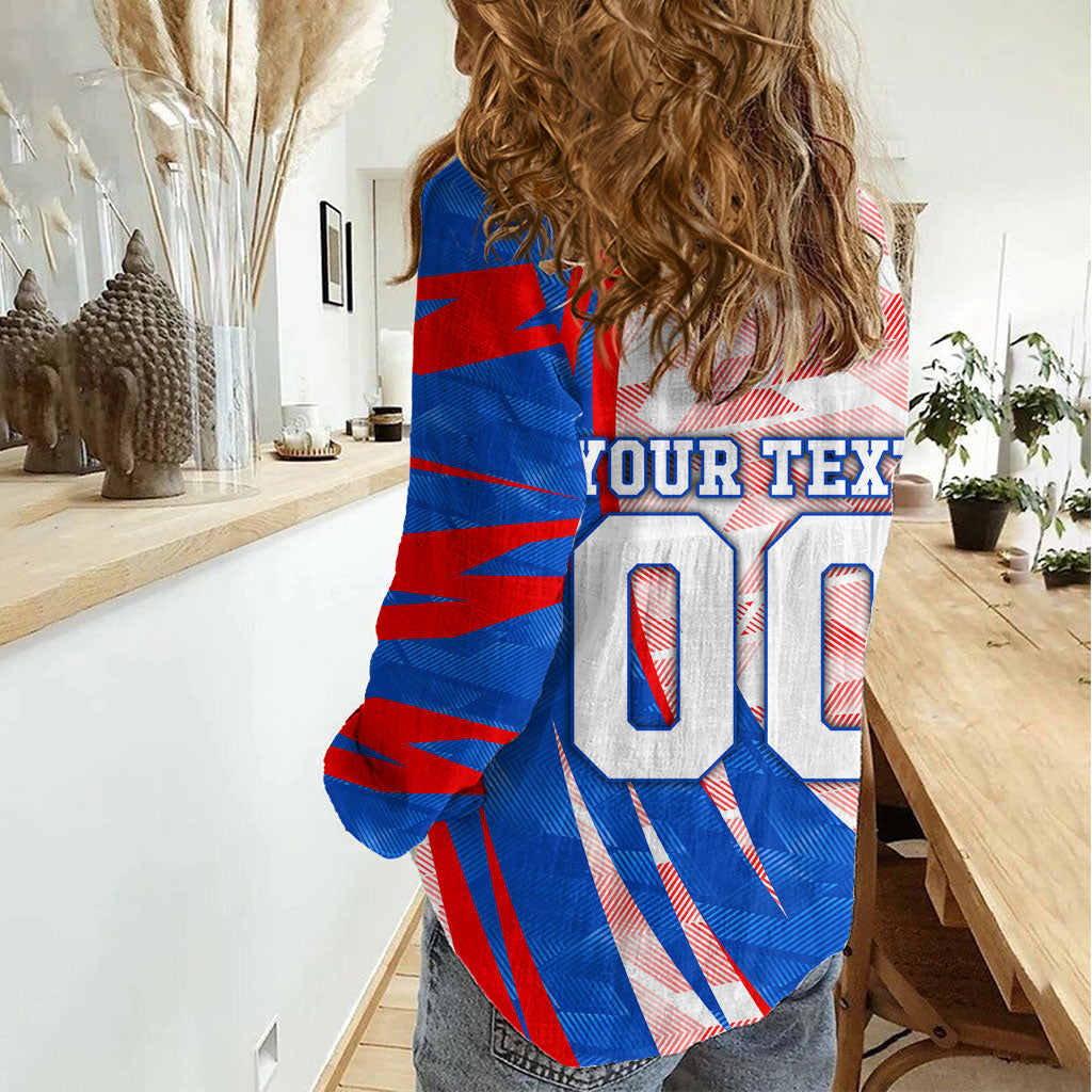Personalized England Football Women Casual Shirt Powerful Lion Kicking Ball Red Blue Chevron Zigzag