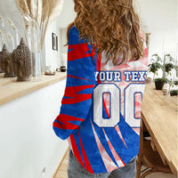 Personalized England Football Women Casual Shirt Powerful Lion Kicking Ball Red Blue Chevron Zigzag