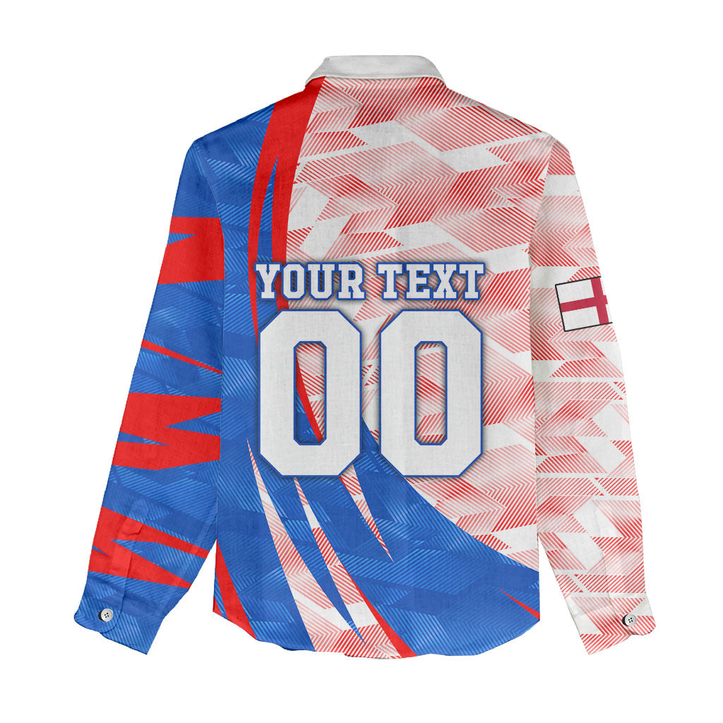Personalized England Football Women Casual Shirt Powerful Lion Kicking Ball Red Blue Chevron Zigzag