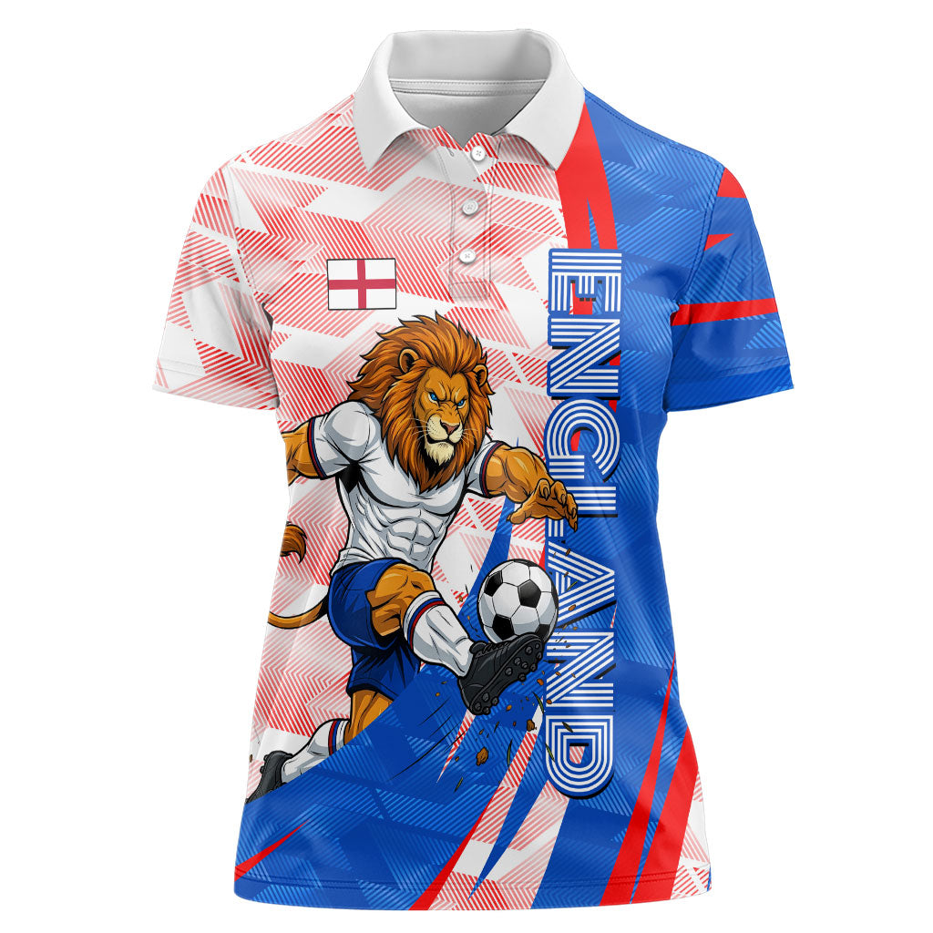 Personalized England Football Women Polo Shirt Powerful Lion Kicking Ball Red Blue Chevron Zigzag