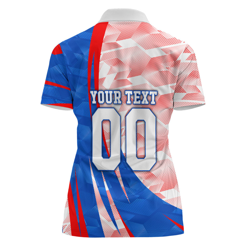 Personalized England Football Women Polo Shirt Powerful Lion Kicking Ball Red Blue Chevron Zigzag