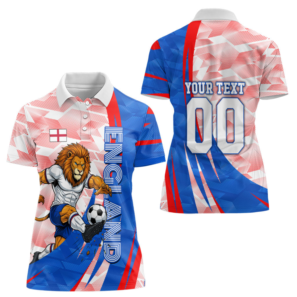 Personalized England Football Women Polo Shirt Powerful Lion Kicking Ball Red Blue Chevron Zigzag
