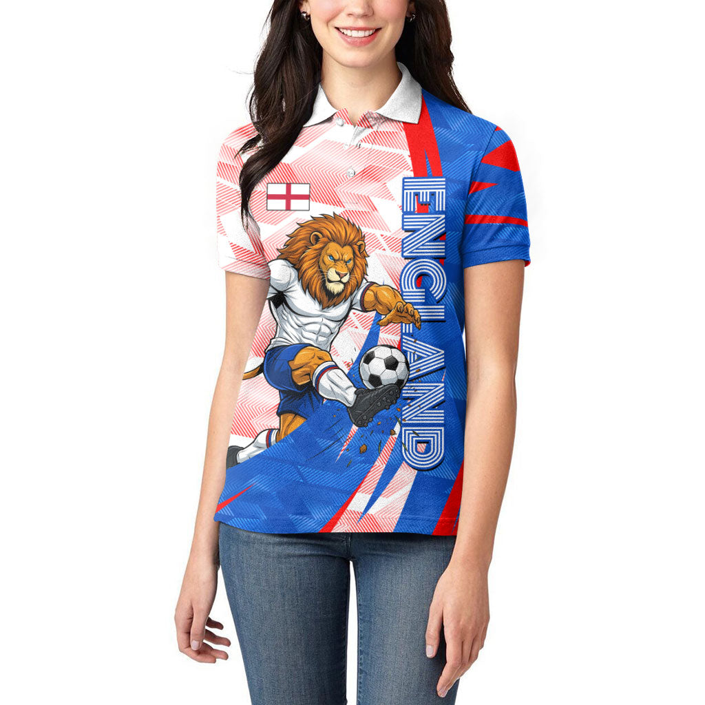 Personalized England Football Women Polo Shirt Powerful Lion Kicking Ball Red Blue Chevron Zigzag