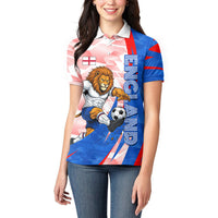 Personalized England Football Women Polo Shirt Powerful Lion Kicking Ball Red Blue Chevron Zigzag
