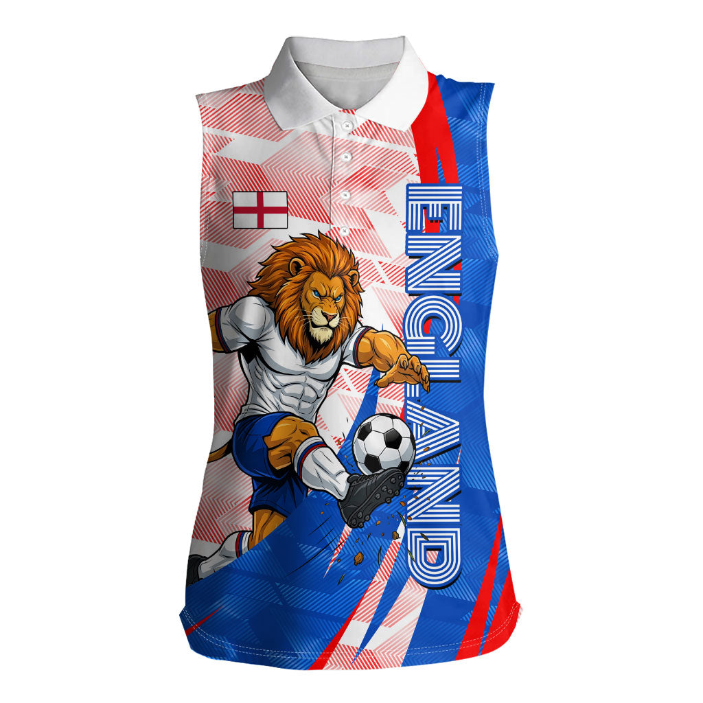 Personalized England Football Women Sleeveless Polo Shirt Powerful Lion Kicking Ball Red Blue Chevron Zigzag