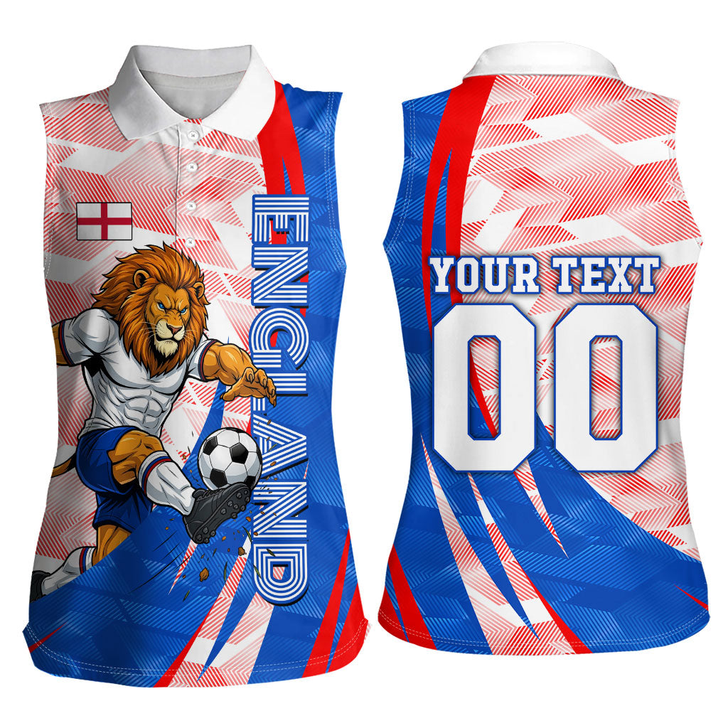 Personalized England Football Women Sleeveless Polo Shirt Powerful Lion Kicking Ball Red Blue Chevron Zigzag